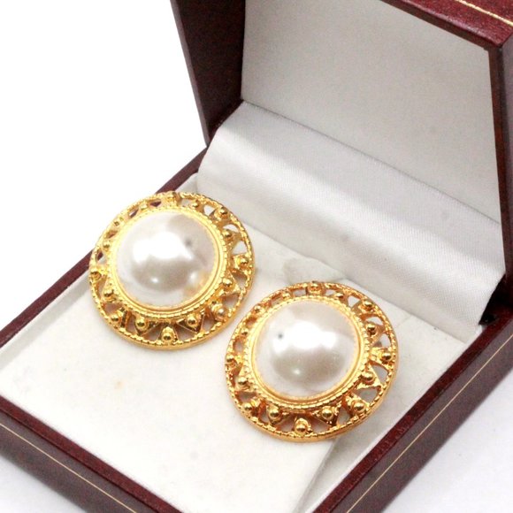 Anne Klein Signed Designer Couture Faux Pearl Gold Plate NOS Clip Earrings - Picture 3 of 8